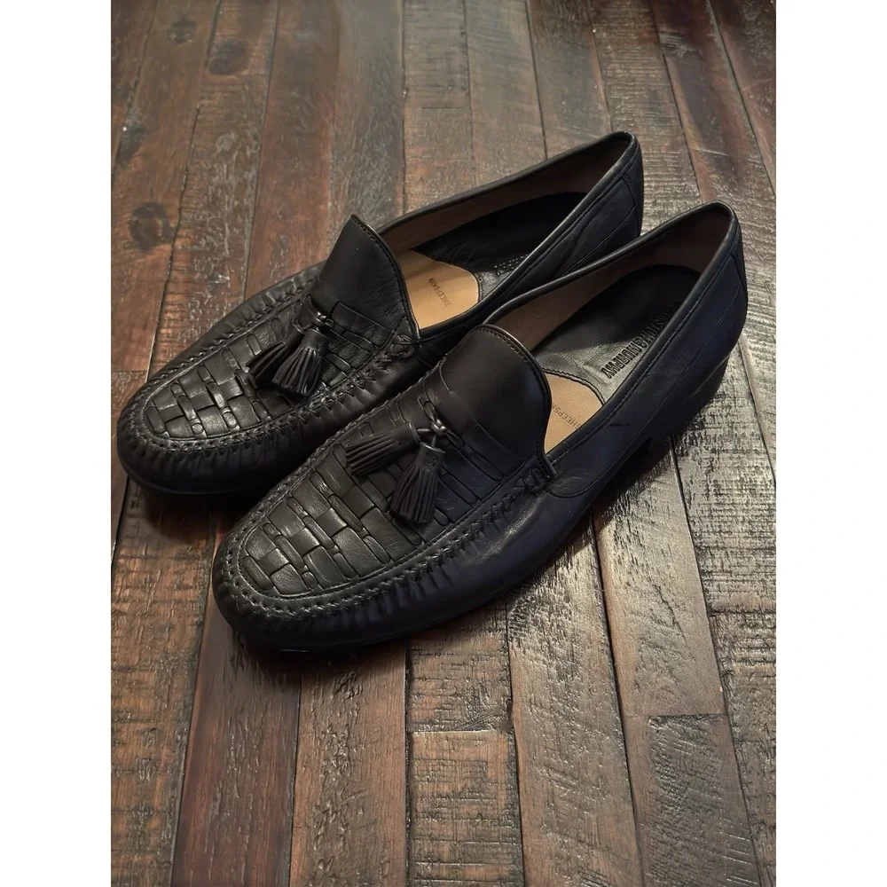 Johnston & Murphy Men's 11M Black Sheepskin Leather Woven Tassel Dress Loafers